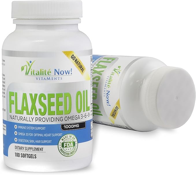 Vitalité Now! Organic Flaxseed Oil Softgels - 1000mg Premium Virgin Cold Pressed from Flax Seeds - Hair Skin &amp Nails Support - Omega 3-6-9 Supplement - 100 Count - More Than 3 Month Supply!