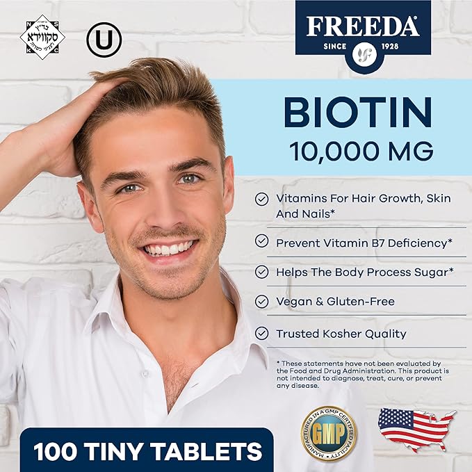 FREEDA Biotin 10000 mcg – Hair Skin &amp Nails Supplement – High-Potency B7 for Hair Growth &amp Strong Nails – Vegan Kosher Tablets with D-Biotin – 100 Tiny Tablet