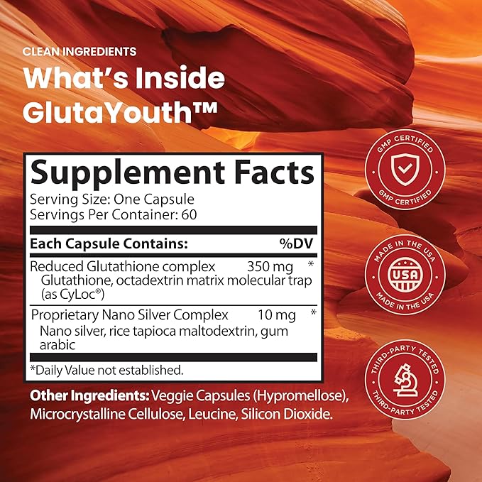 GlutaYouth Glutathione Supplement for Skin Health with Antioxidant Support Absorption Formula with Nano Silver Complex Daily Wellness Support Non GMO Anti Aging 60 Glutathione Capsule Made in USA
