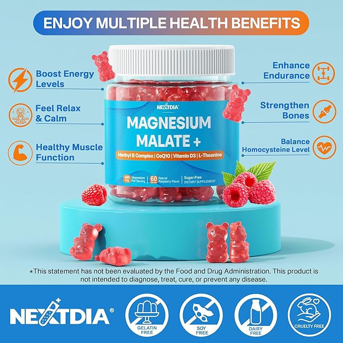 Magnesium Malate Gummies - Magnesium 400mg L-5-MTHF Folate 680mcg Methyl B12 B6 L-Theanine &amp CoQ10 - Sugar Free Methylated Magnesium Complex for Women Men Methylation Energy Muscle &amp Ca