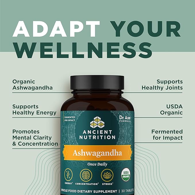 Ancient Nutrition Ashwagandha Tablets Stress Relief Supports Energy Mental Clarity and Concentration Reduces Fatigue and Anxiousness Paleo and Keto Friendly 30 Capsules