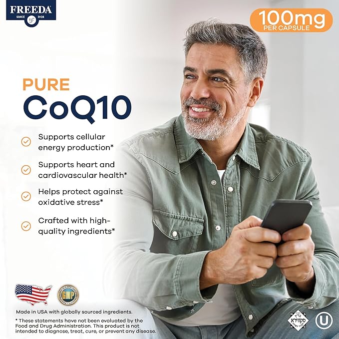 FREEDA CoQ10 100mg - Kosher Coenzyme Q10 Dietary Supplement for Cardiovascular Heart Health Blood Pressure Support Oral Gum Health and Healthy Aging - Pure CoQ10 Capsules 100 Count