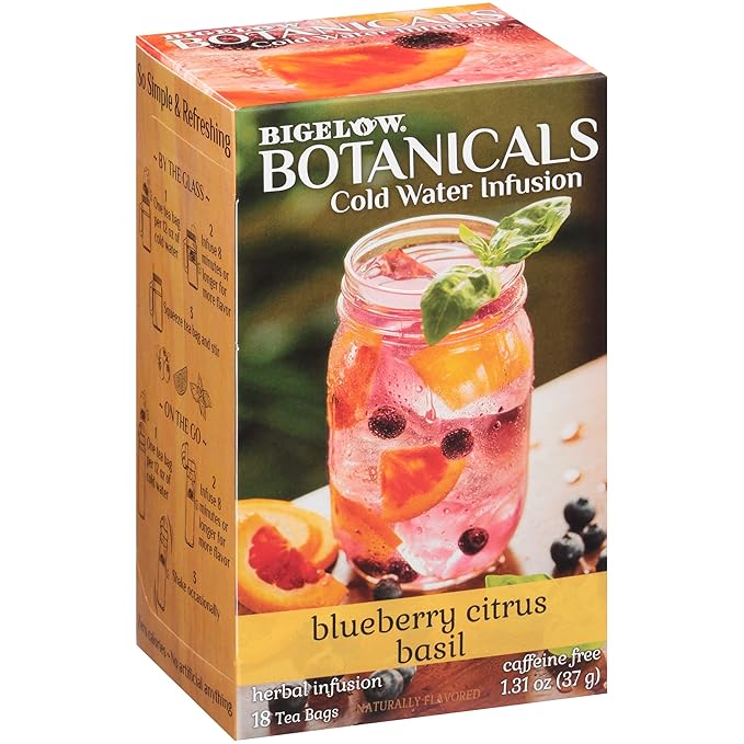 Bigelow Botanicals Cold Water Infusion Blueberry Citrus Basil Herbal Tea Caffeine Free Tea with Blueberry Citrus Flavor 18 Count Box (Pack of 6) 108 Total Tea Bags