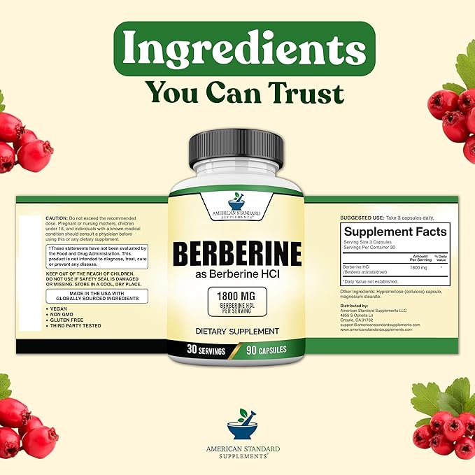 American Standard Supplements Berberine Capsules 1800mg Per Serving 90 Veggie Capsules
