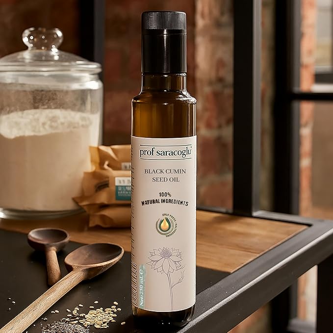 Prof Saracoglu Premium Black Seed Oil Cold Pressed Glass Bottle- Turkish Nigella Sativa- Unrefined &amp Solvent Free Liquid Black Cumin for Hair Skin &amp Immune Support Non-GMO Mild Taste- 8.45