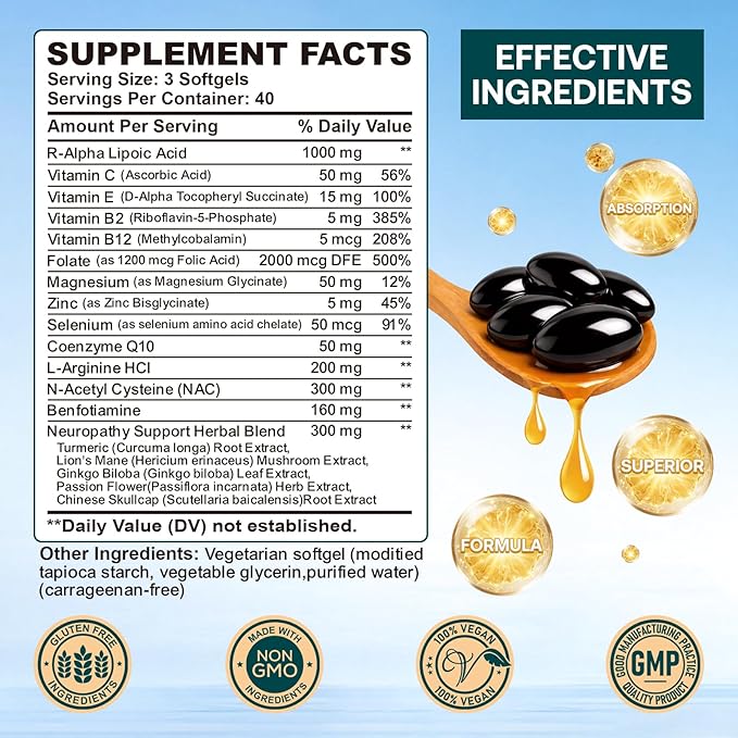 Neuropathy Support Nerve Supplement – Advanced R-Alpha Lipoic Acid Supplement with Benfotiamine NAC &amp B-Complex for Nerve Health Antioxidant &amp Cellular Energy - Vegan 120 Softgels