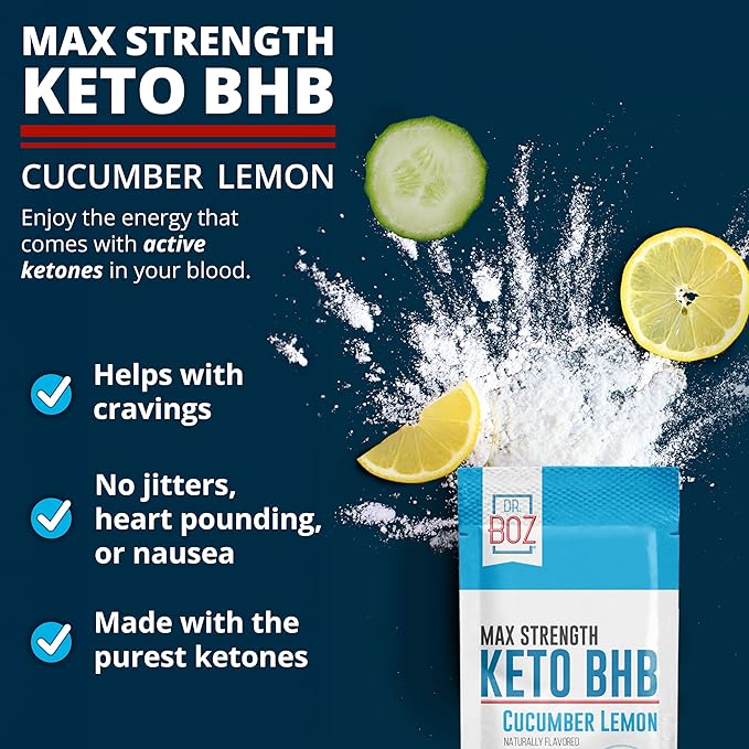 Dr. Boz - Keto BHB Powder - Cucumber Lemon 20 Packets - Ketones Drink - Increase Energy &amp Reduce Cravings - Max Strength Dietary Supplement - Quality Tested - Made in The USA - 7.4oz (210g)