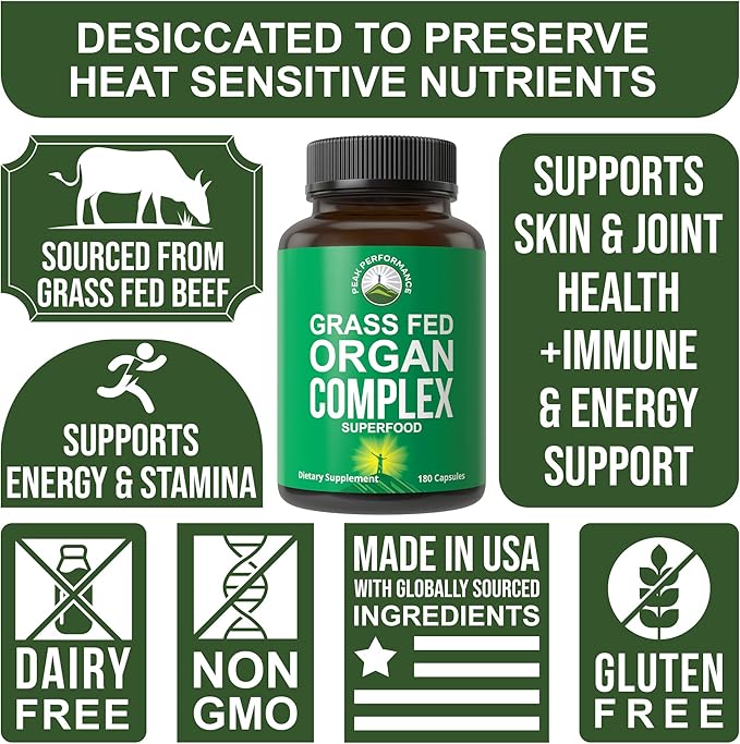 Peak Performance Grass Fed Beef Organ Complex from New Zealand (180 Capsules) Desiccated Organs Superfood Pills. GrassFed Beef Liver Capsules with Heart Kidney Pancreas Spleen. Supplement