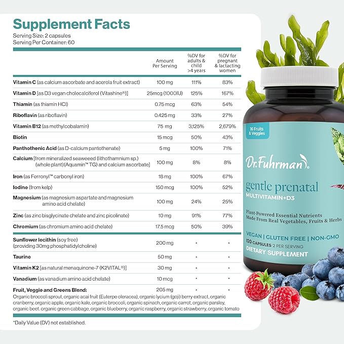 Dr Fuhrman Prenatal Vitamins For Women | Doctor-Formulated Prenatal Vitamins | Natural Folate B12 Choline &amp Iodine for Pregnancy Support Brain &amp Immune Health | No Synthetic Folic Acid | 12