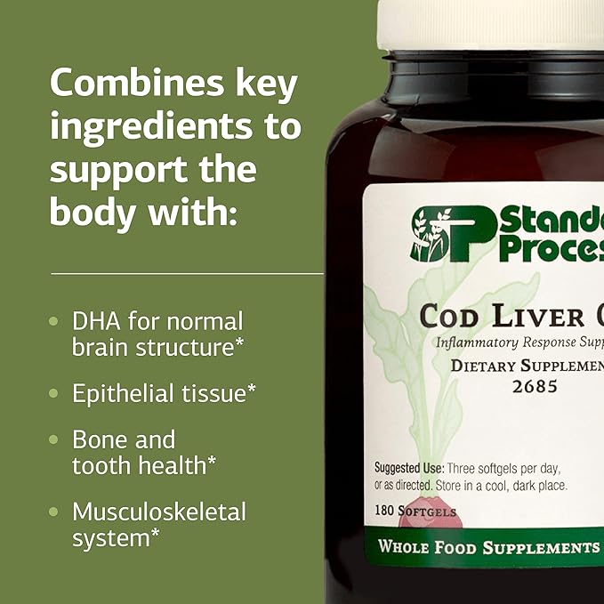 Standard Process Cod Liver Oil - Aids Healthy Skin &amp Eyes with Omega-3 Fatty Acids &amp Vitamins A and D - Bone &amp Tooth Health Support - Gluten-Free Non-Dairy &amp Non-Soy - 180 Softgels (6