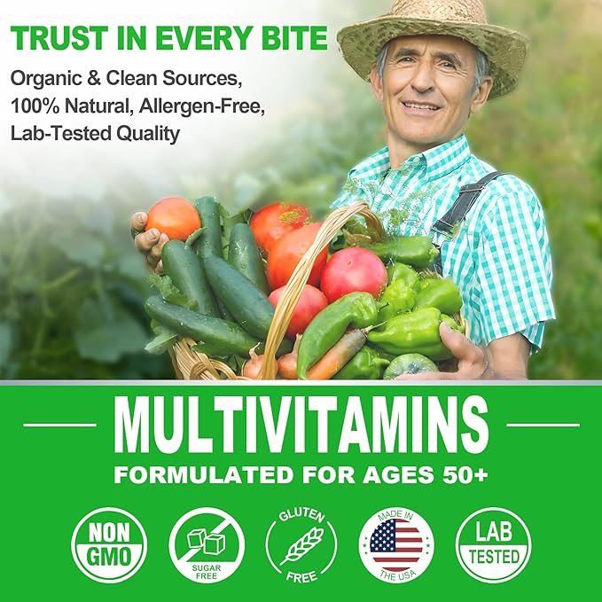 Multivitamin for Men 50 + Plus Sugar Free Men Multivitamins Gummies w/Omega-3 Coq10 D3k2 Calcium Magnesium Zinc Vitamins A C &amp E Mens Vitamins for 𝖧𝖾𝖱𝗍 Antioxidant Brain Bone 60ct