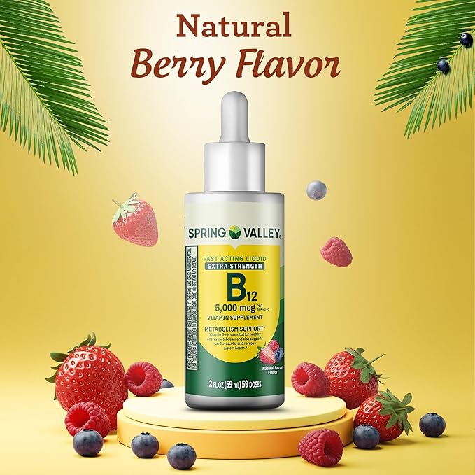 Liquid Vitamin B12 5000mcg Spring Valley Vitamin b12 Metabolism Supplement Berry Flavor 2 fl oz - Set by Basket Goods