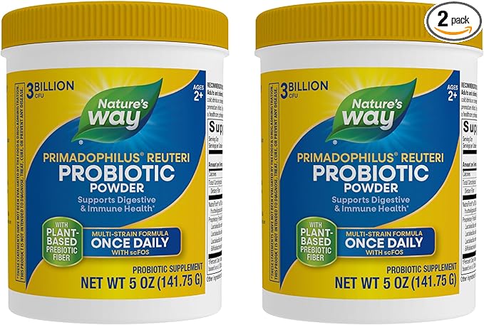 Nature's Way Primadophilus Reuteri Probiotic Powder Supports Digestive &amp Immune Health* Multi-Strain Formula with Prebiotics 3 Billion Live Cultures 5 Oz (Packaging May Vary) - 2 Pack