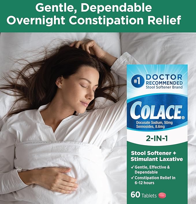 Colace 2-in-1 Stool Softener Plus Stimulant Laxative for Gentle Effective Constipation Relief Docusate Sodium Plus Sennosides 60 Count and 30 Count