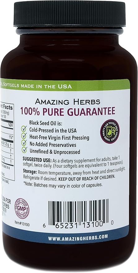 Amazing Herbs Black Seed Oil Pills 1250mg 100 Softgel Capsules - Cold-Pressed | Non GMO