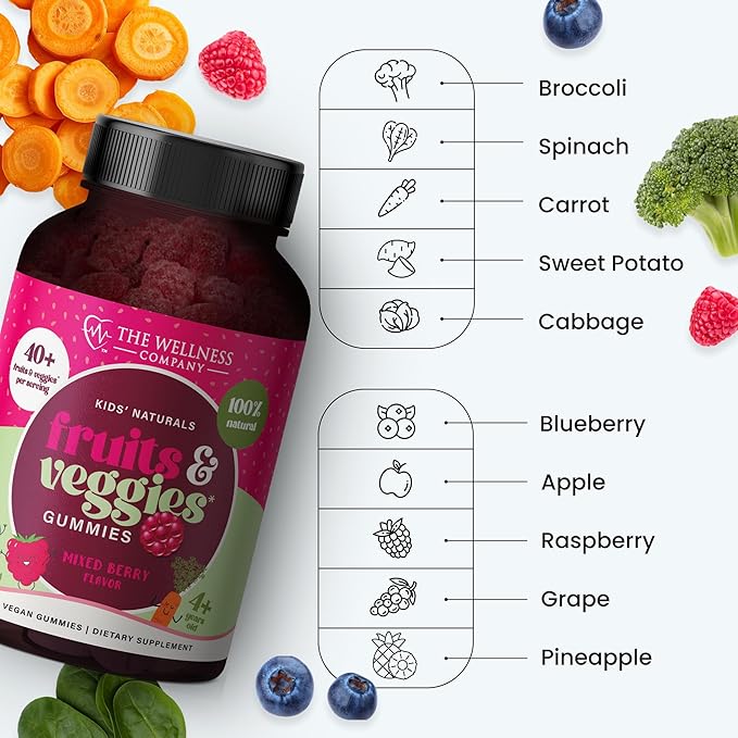 The Wellness Company Kids Naturals Fruits &amp Veggie Gummies – Daily Nutrition Support | 120ct (2 Month Supply)