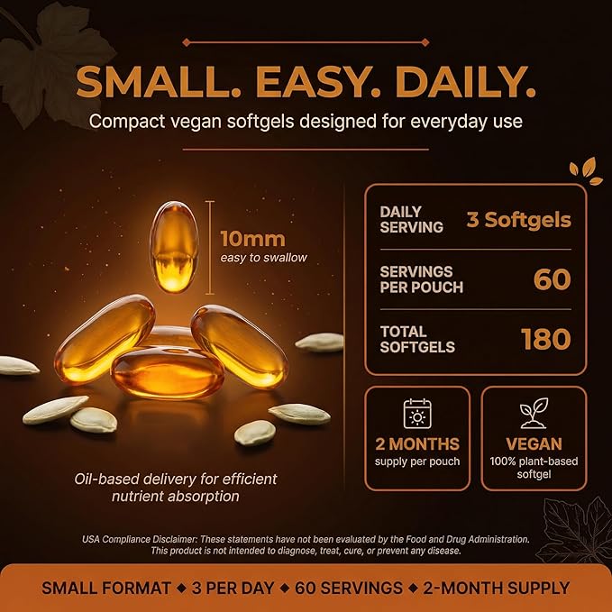 Pumpkin Seed Oil 3000mg with Saw Palmetto Beta-Sitosterol Zinc &amp BioPerine® – 180 Vegan Softgels | Prostate &amp Hair Growth Support | DHT Blocker | Urinary &amp Bladder Health | Cold-Pressed