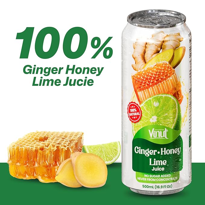 VINUT Ginger Honey &amp Lime Juice 85% Juice No Added Sugar Not From Concentrate 16.9 fl oz (500 mL) Can Pack of 6