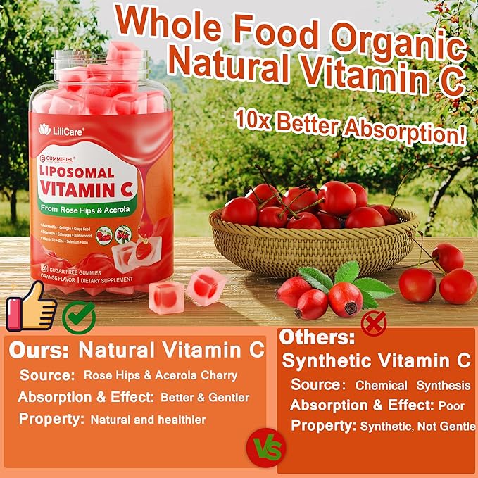 Natural Liposomal Vitamin C 1000mg Gummies for Adults &amp Kids 9+ Vitamin C w/ 11mg Zinc D3 Elderberry Echinacea Bioflavonoid Immune Support Whole Food VIT C from Fruits Sugar Free 2 Pack