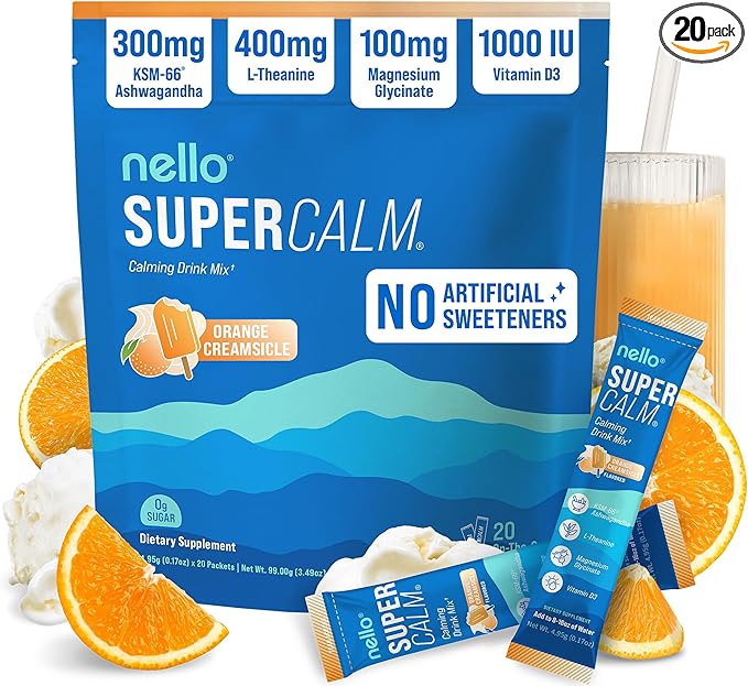 Nello Supercalm Powdered Drink Mix Cortisol Reducer* and Sleep Aid Supplement L Theanine Ksm-66 Ashwagandha Magnesium Glycinate Vitamin D 3 No Sugar Non GMO On The Go 20 Ct Orange Creamsicle