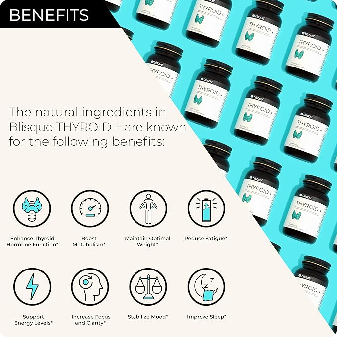 Blisque – Thyroid Support Supplement Complex for Metabolism Boost and Increased Energy Clarity and Focus | Doctor-Approved | with Iodine Ashwagandha Zinc L-Tyrosine | 90 Capsules