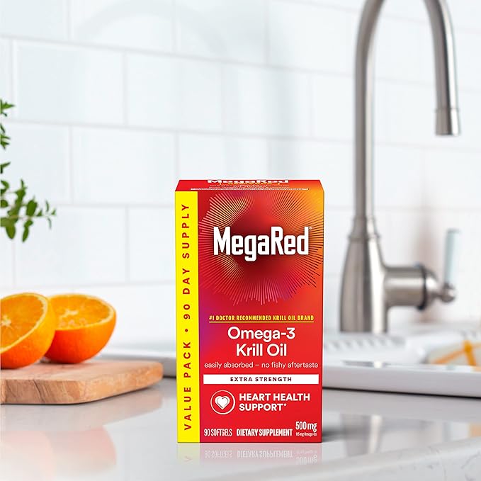 MegaRed Antarctic Krill Oil 500mg Omega 3 Fatty Acid Supplement Extra Strength EPA &amp DHA Krill Oil Softgels (90cnt Box) Astaxanthin Heart Health Supplement with No Fish Oil Aftertaste
