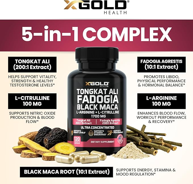 Tongkat Ali + Fadogia Agrestis Complex 1700mg – Black Maca L-Arginine &amp L-Citrulline Nitric Oxide Booster – Energy Stamina Vitality &amp Performance Support for Men &amp Women – Non-GMO – 120