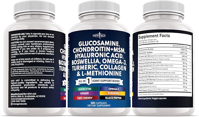 Glucosamine Chondroitin MSM Turmeric Curcumin Collagen Hyaluronic Acid Omega 3 – Joint Health Supplement for Men &amp Women – 120 Count