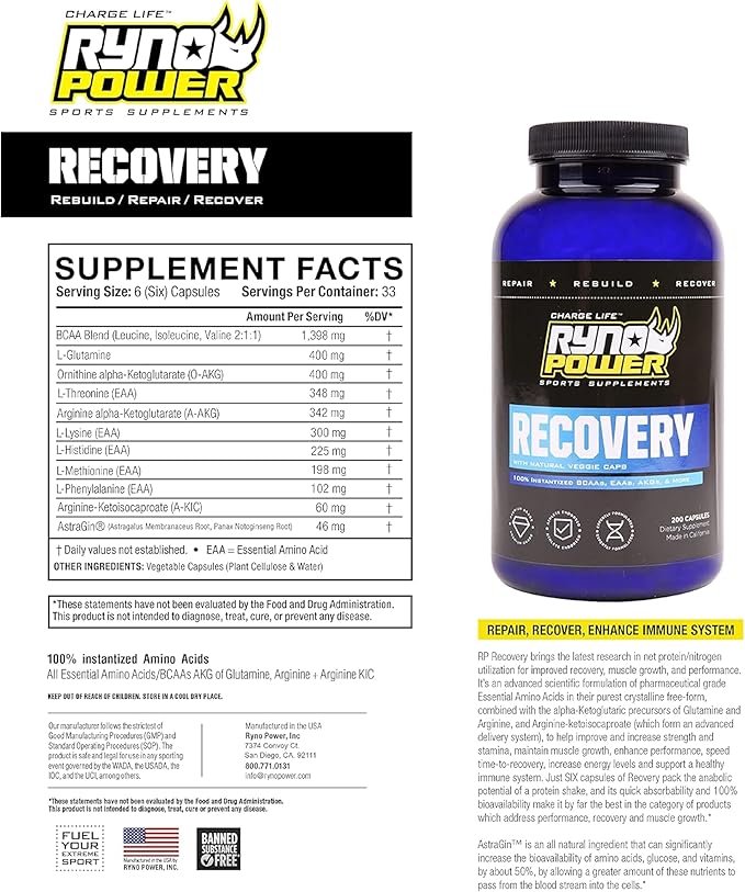 Ryno Power Recovery Post-Workout Supplement Capsules (33 Servings)