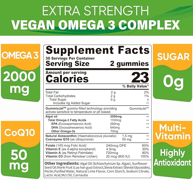 LILICARE Sugar Free Omega 3 Fatty Acid 2000mg With 640mg DHA &amp 290mg EPA Multivitamin CoQ10 Astaxanthin + Ginger Filled Gummies for Nausea - Stomach Relief - Ultra Absorption for Digestive Supp