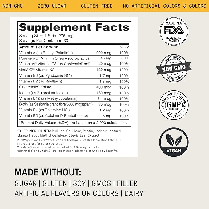 Meche Multivitamin for Women and Men Strip Supplements - Vitamins A C D B6 Methylated B12 Folate Biotin - Beauty Energy Immune Support - Sugar Free Faster Than Vitamin Gummies (30 Strips)