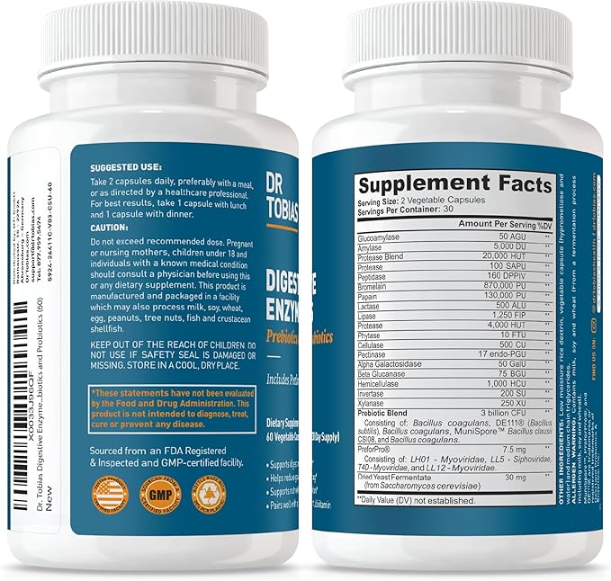 Dr. Tobias Digestive Enzymes with Probiotics Prebiotics and Postbiotics Bromelain Amylase Lipase for Better Digestion &amp Immune Function 60 Capsules 30 Servings (2 Daily)