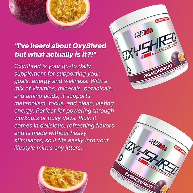 EHP Labs OxyShred Pre Workout Powder &amp Shredding Supplement - Preworkout Powder with L Glutamine &amp Acetyl L Carnitine Energy Boost Drink - Passionfruit 60 Servings