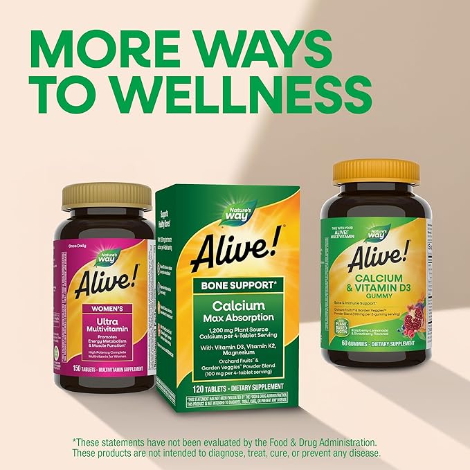 Nature’s Way Alive! Calcium Bone Support Tablets* Max Absorption Calcium Supplement with Vitamins D3 K2 &amp Magnesium Promotes Bone Health and Bone Density* Gluten Free 120 Tablets