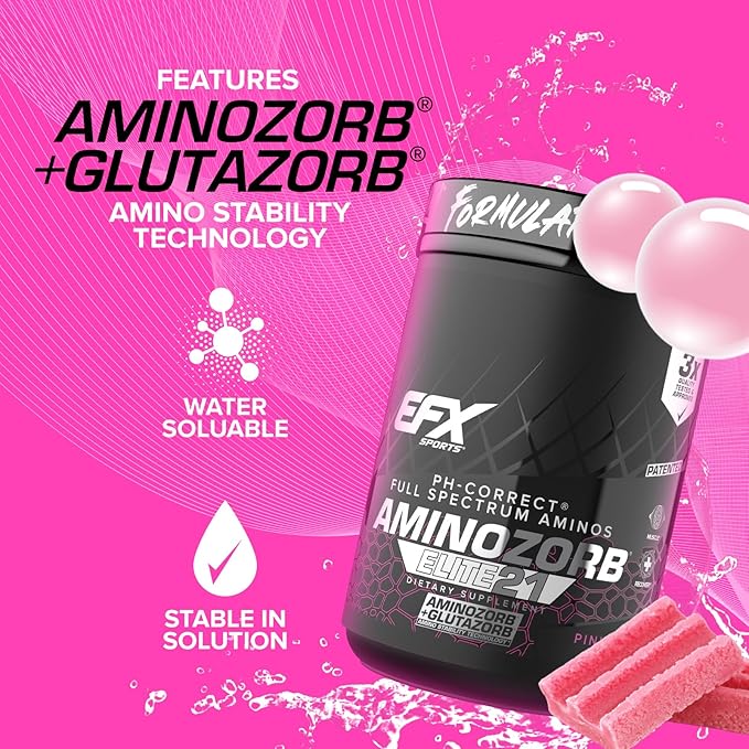 EFX Sports Aminozorb Elite 21 | PH-Correct Full Spectrum Aminos + Glutamine | Essential &amp Non Essential Aminos | Zero Sugars | 30 Servings (Pink Bubblegum)