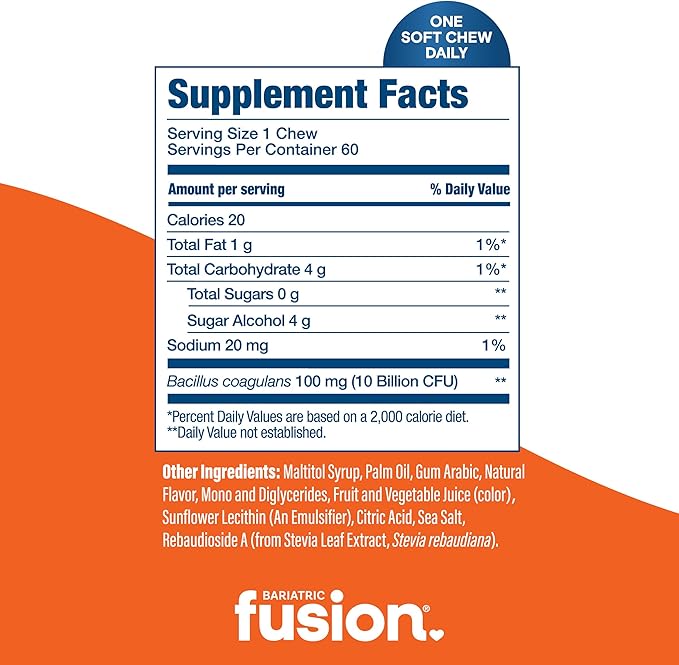 Bariatric Fusion Bariatric Probiotic Soft Chews | Orange Tropical Flavor Chewy Bariatric Vitamin | Bacillus Coagulans 10 Billion CFU Chewable Probiotic | Support Digestive &amp Immune Health | 60 Cou