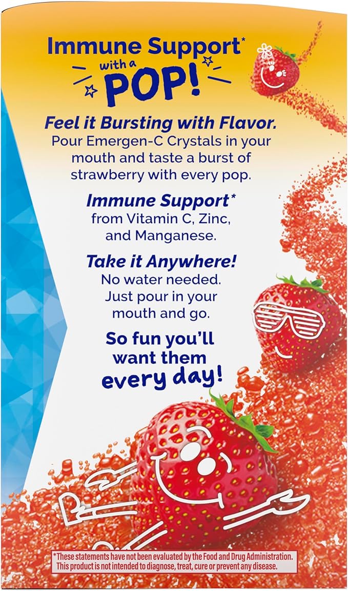 Emergen-C Kidz Crystals On-the-Go Emergen-C Immune Support Supplement with Vitamin C B Vitamins Zinc and Manganese Sparkly Strawberry Stocking Stuffer - 56 Stick Packs