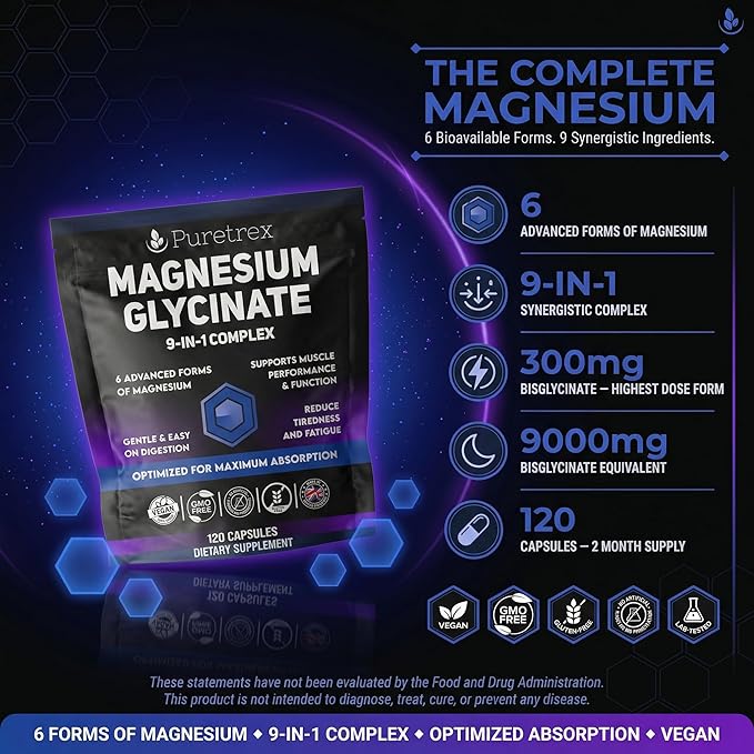 Magnesium Glycinate Complex 120 Vegan Capsules 9-in-1 Formula with 6 Advanced Forms Supports Muscle Performance Maximum Absorption