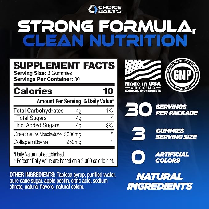 Creatine Gummies - 90 Vegan Friendly Chews - USA Made - Boosts Recovery - Builds Muscle - Enhanced Cognitive Benefits (Large Blue Raspberry)