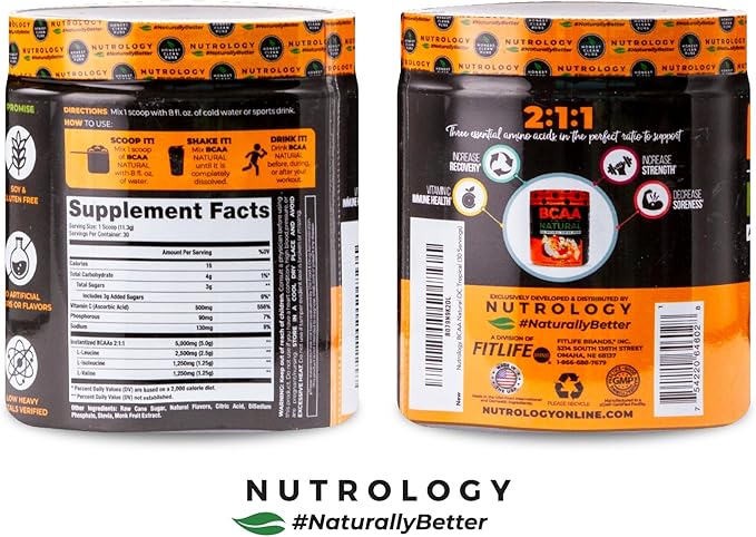 Nutrology BCAA Natural - Plant Based BCAA Powder Orange Coconut Flavor Optimized 2:1:1 Ratio Amino Acids Powder for Pre Workout &amp Post Workout Recovery Vegan Gluten-Free Non-GMO 30 Servings