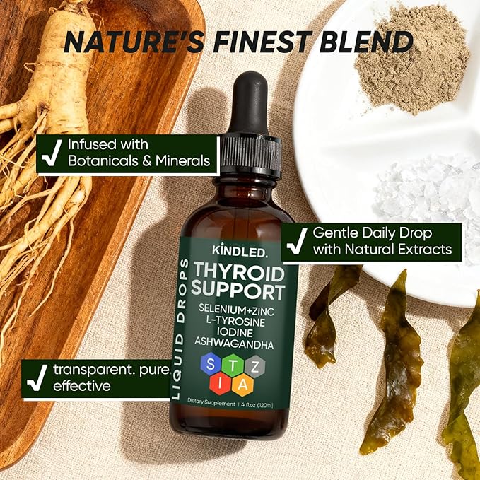 Kindled Thyroid Support Drops | Liquid Drops with Selenium Zinc &amp L-Tyrosine Iodine Ashwagandha | kindled Thyroid Support Daily Support – 4 fl.oz (120mL)