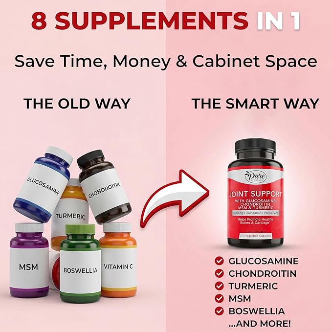 Pure By Nature Joint Support Glucosamine with Chondroitin Turmeric MSM Boswellia Supplement 270 Capsules