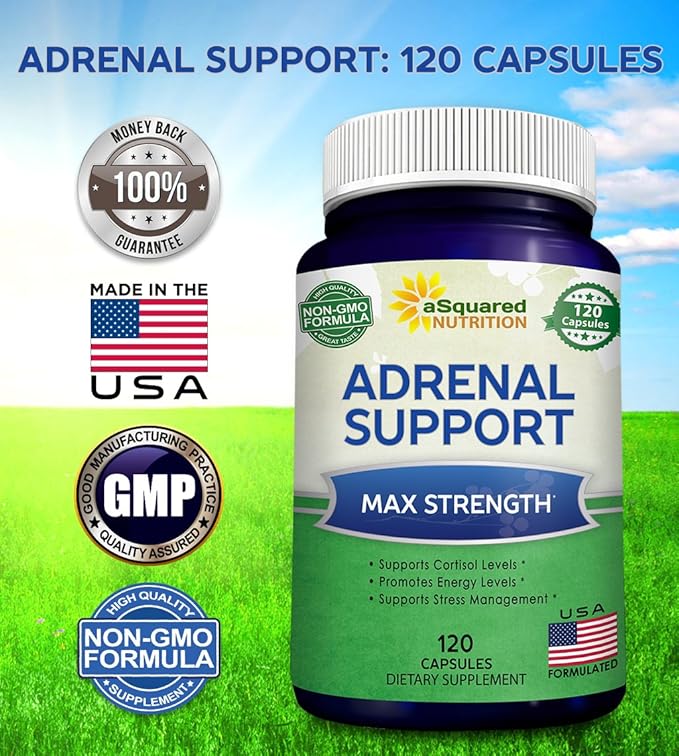 aSquared Nutrition Adrenal Support &amp Cortisol Manager Supplement (120 Capsules)-Adrenal Health w/Vitamin C Complex Pills to Support Fatigue &amp Stress Relief-Ashwagandha L-Tyrosine Rhodiola &a