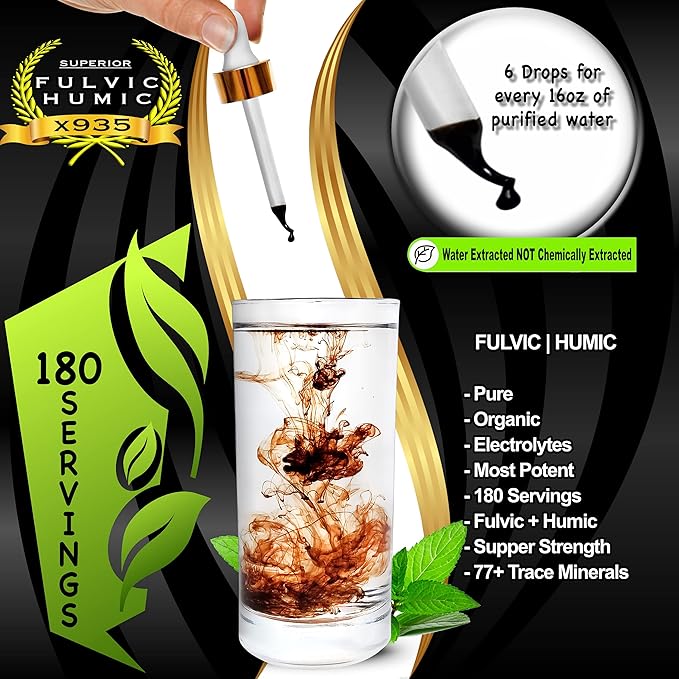 Fulvic Humic Mineral Blend – 180 Servings | Superior X935 Humic and Fulvic Acid Supplement | 77+ Trace Mineral Drops with Electrolytes | Improve Gut Health Leaky Gut Repair with Fulvic Acid Organic