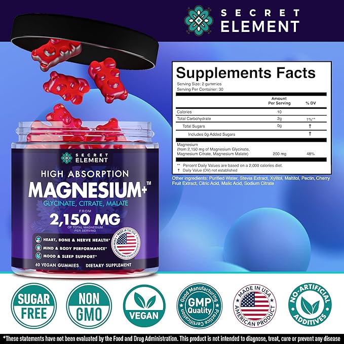 Magnesium Glycinate 2150 MG Gummies High Absorption Magnesium Glycinate Citrate &amp Malate Sugar-Free Vegan Chews for Men &amp Women 60 Gummies Cherry Flavor– 60 Wild Cherry Flavor Chews
