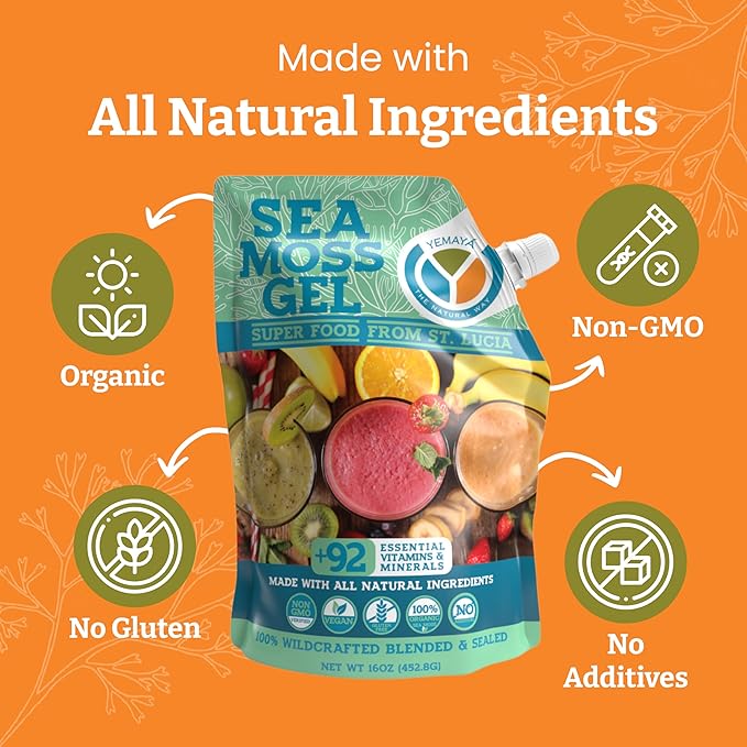 Yemayá Organic Sea Moss Gel Organic Raw | Wildcrafted Seamoss Gel Enhanced with Real Fruit Supports Immunity Energy Digestion Hair Skin &amp Nails | 16 oz Natural Flavor