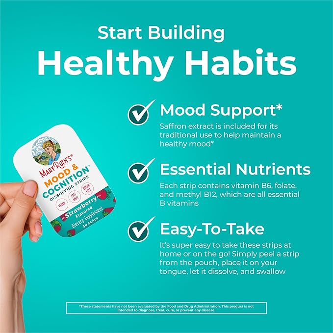 Mood &amp Cognition Dissolving Strips by MaryRuth's | Vitamin B12 | Vitamin B6 | Saffron | Folate | B Vitamins | Sugar Free | Strawberry Flavor | Vegan | Gluten Free | Dairy Free | 30 Count