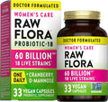 Raw Flora Women's Probiotics | Dr. Formulated 60 Billion CFU + Prebiotics | Digestive Vaginal &amp Urinary Support | 33 Vegan Capsules with Cranberry &amp D-Mannose | Shelf Stable