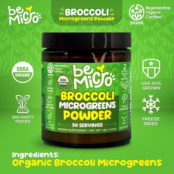 Whole Food Broccoli Microgreen Powder - US Grown Small Batch Nutritional Booster - Nrf Activation - 30 Servings / 12g