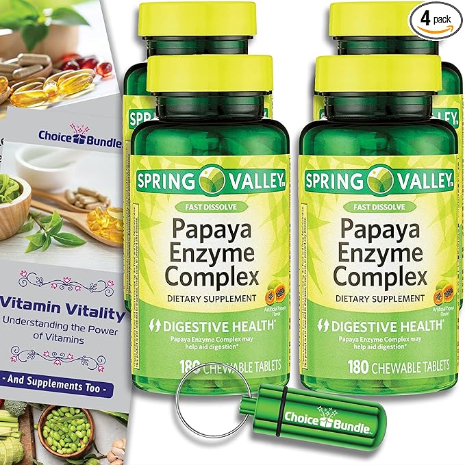 Spring Valley Papaya Enzyme Complex Chewable Tablets Digestive Health 180 Ct 4 pk (720 Total) + Vitamin Vitality &amp Pill Container (6 Items)!